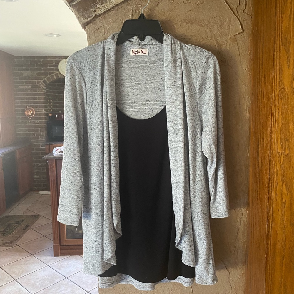 One piece, tank top, and sweater in black and gray polyester. Mel and Mo. L